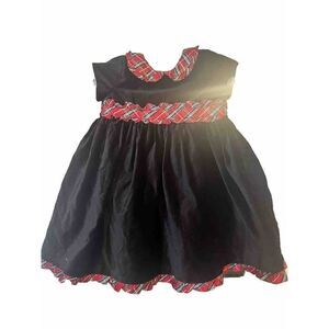 Laura Ashley girls black velvet holiday dress‎ with red plaid collar EUC 18 Mo